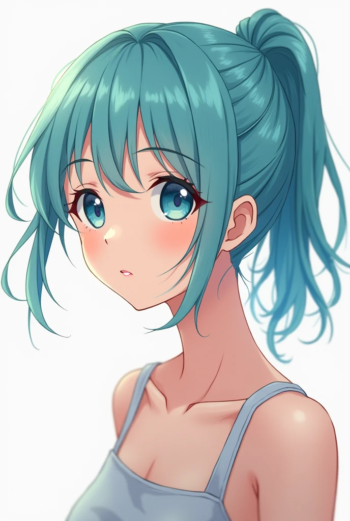 An anime girl with normally tied into a short pony tail fringes of hair over her forehead and her hair cyan