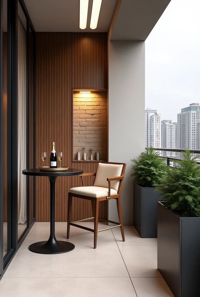 Create an image of a modern and compact balcony in an urban apartment. The balcony is narrow, with light porcelain flooring and walls in neutral tones. One of the walls is covered with vertical wooden slats and has a niche illuminated with soft yellow lighting., displaying decorative bricks. In the center of the balcony, there is a black round table with a metal base, accompanied by a high chair upholstered in beige fabric with details in light wood and gold metal. on desk, there is a tray with bottles of champagne and two glasses. from beside, a modern dark gray planter with white edges contains lush green plants, and in the background, a view of tall city buildings. The lighting in the ceiling is built-in, with two long panels of white light, reinforcing the sophisticated and welcoming atmosphere of the space