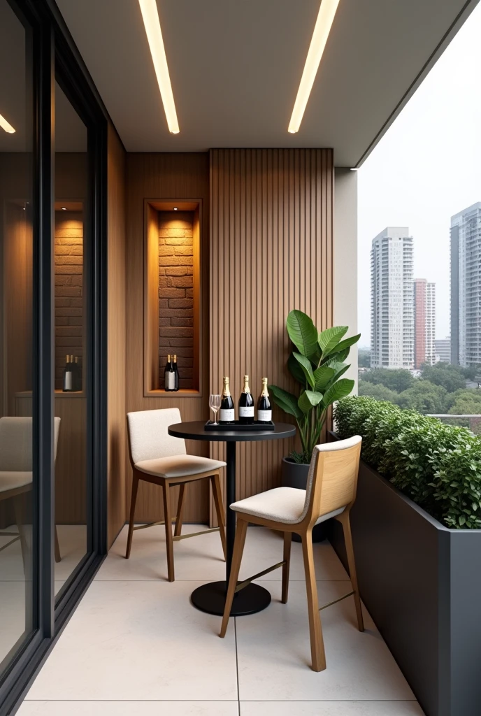 Create an image of a modern and compact balcony in an urban apartment. The balcony is narrow, with light porcelain flooring and walls in neutral tones. One of the walls is covered with vertical wooden slats and has a niche illuminated with soft yellow lighting., displaying decorative bricks. In the center of the balcony, there is a black round table with a metal base, accompanied by a high chair upholstered in beige fabric with details in light wood and gold metal. on desk, there is a tray with bottles of champagne and two glasses. from beside, a modern dark gray planter with white edges contains lush green plants, and in the background, a view of tall city buildings. The lighting in the ceiling is built-in, with two long panels of white light, reinforcing the sophisticated and welcoming atmosphere of the space