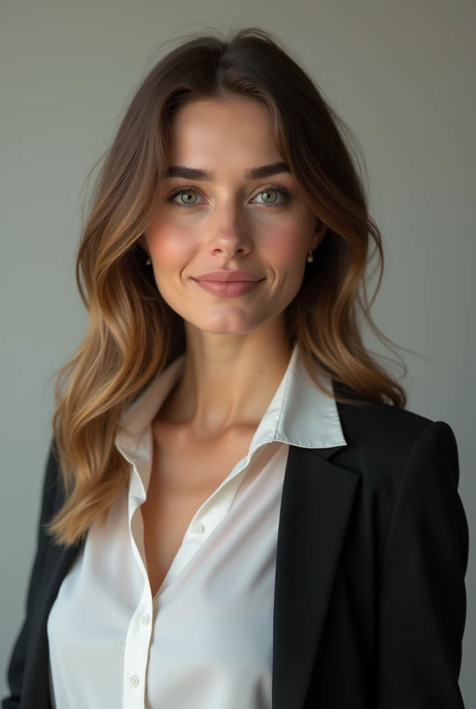 (photorealism:1.2), beautiful polish women age 30 with face like kate winslet in professional outfit like interview or office with weight 72 kg and height 170 com and little chubby cheeks and breast