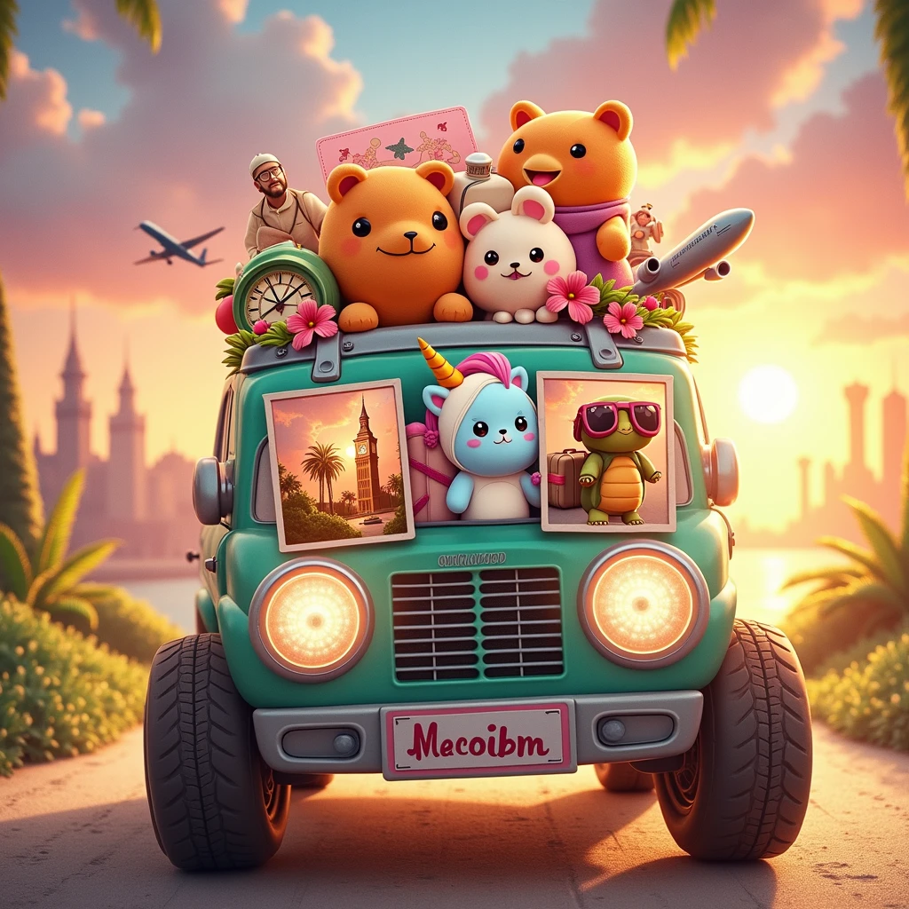 "Create a highly realistic anime illustration detailed in digital painting style, with good layout and design features. A imagem deve ser ((glad)), with good contrast, fine and delicate strokes, cute and fun, intended for the public . The illustration features three polaroid-style photos, each showing a Squishmallows in different situations during a trip. Squishmallows look like teddy bears: in the first photo, um Squishmallows raposa laranja glad tirando uma foto em frente a um famoso ponto turístico; In the second photo, a blue unicorn Squishmallows with big round eyes carrying a suitcase at an airport; and in the third photo, um Squishmallows tartaruga glad usando óculos de sol enquanto relaxa em uma praia tropical. The photos are random, portraying different places and travel situations. The art, Em geral, presents a distribution that resembles shirt prints, avoiding a rectangular shape. Below this scene, there is text that says &#39;Bon Voyage&#39; in a stylized font that suggests a vibe of adventure and exploration. The font color transitions from pink at the top to yellow at the bottom, imitating a sunset. This image evokes nostalgia for travel and adventure, symbolizing freedom and leisure." add icons like map, plane , compass. and leave the ""white background""