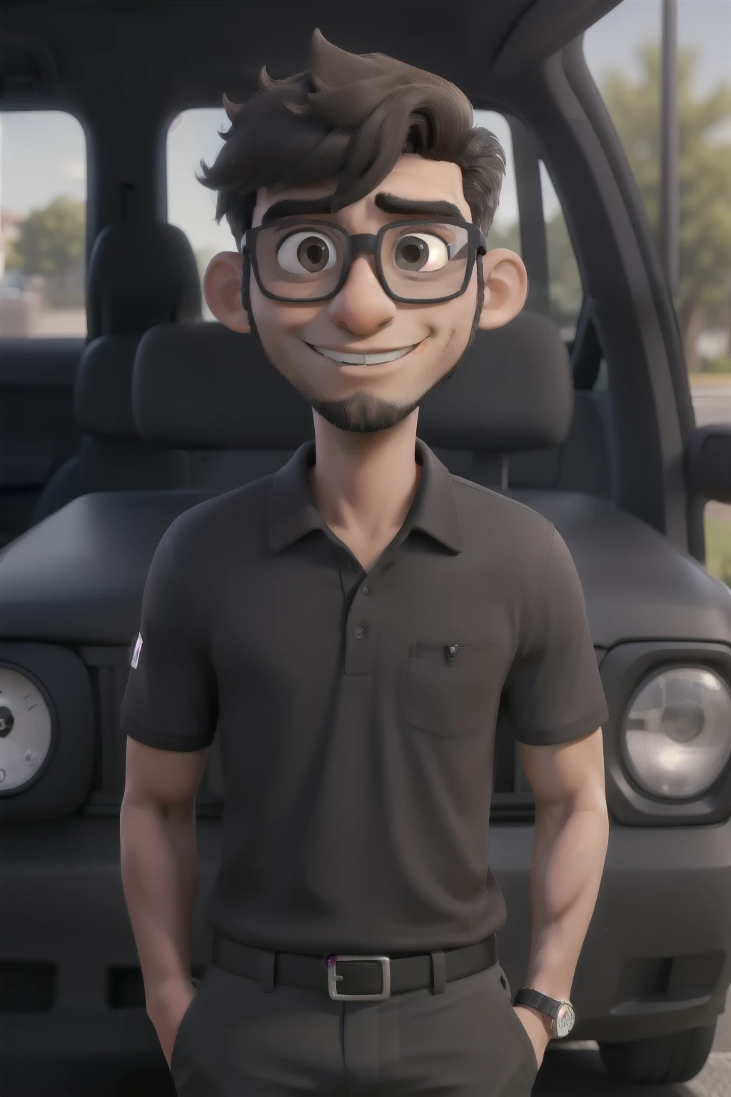 work of art, best qualityer,a dark skinned boy with glasses and a short beard with short hair, wearing a black polo shirt, inside of a car.