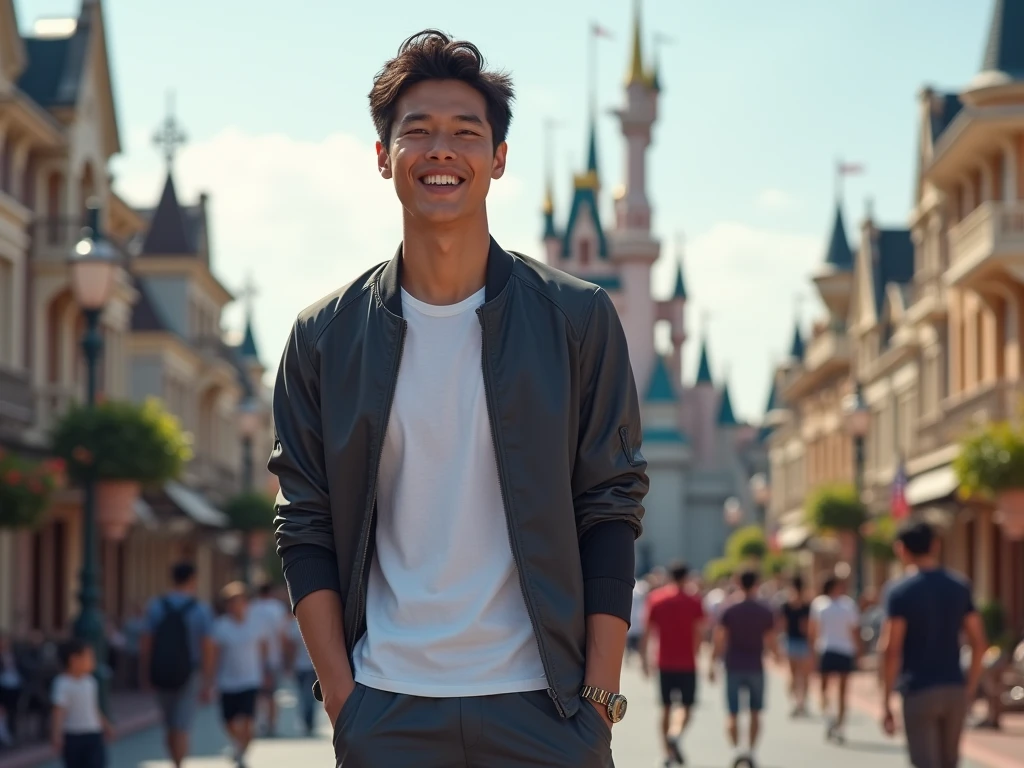 Japanese,25-30 years old, Handsome and sporty outfit ， fair skin, black eyes（thin eyes 1：3), Full body image,(Super detailed, Realistic, best quality, 4K, 8k, High resolution, masterpiece:1.3),  The background is Disneyland Main Street, U.S.A., he is very happy
