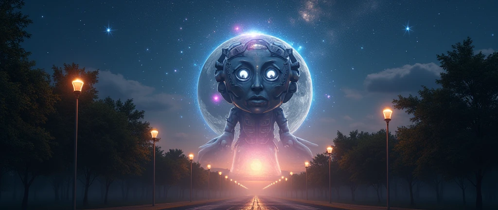 I'm on the street at night looking at the horizon, Behind the moon appears a slight outline that resembles a humanoid or god as if it were a second moon, I can see his eyes shine like stars on the horizon, 32K, super realistico, life like, Real vision, every detail of the image is impressive, he is traveling in the universe coming to earth, it appears from the chest up, starry sky of a peaceful night, tree-lined street, well lit street, light posts, He is a heavenly being, marvel celestials, lens flare effect, he appears to have mechanical and robotic aspects, he has objects orbiting his presence, some lights shine in bright, vibrant colors, the moon covers part of it and it is much bigger than it