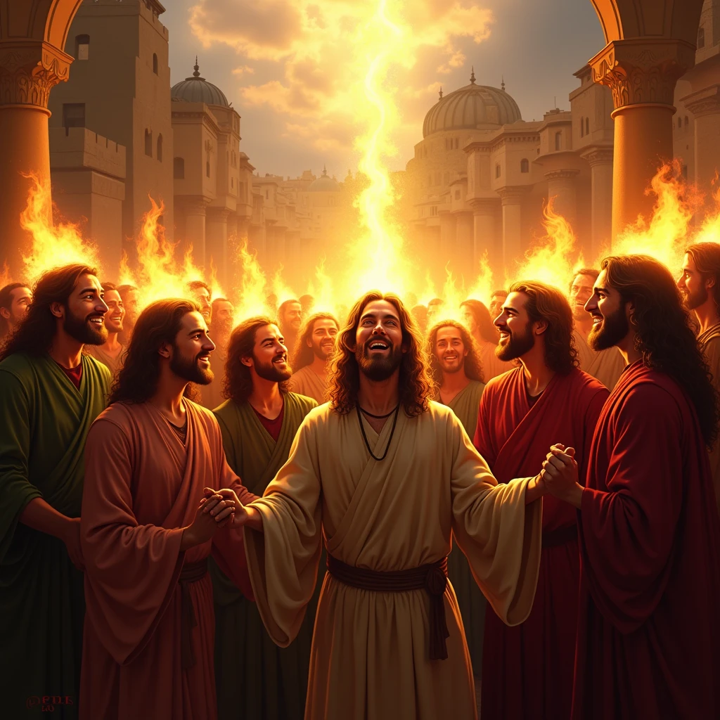 Create a vibrant and dynamic scene depicting the day of Pentecost, as described in Acts 2. The image is believed to show a group of about 120 disciples gathered in an upper room in Jerusalem.. Suddenly, small flames of fire appear above each individual's head. The disciples are filled with admiration, expressing joy and admiration. The setting should be ancient Jerusalem with traditional architecture