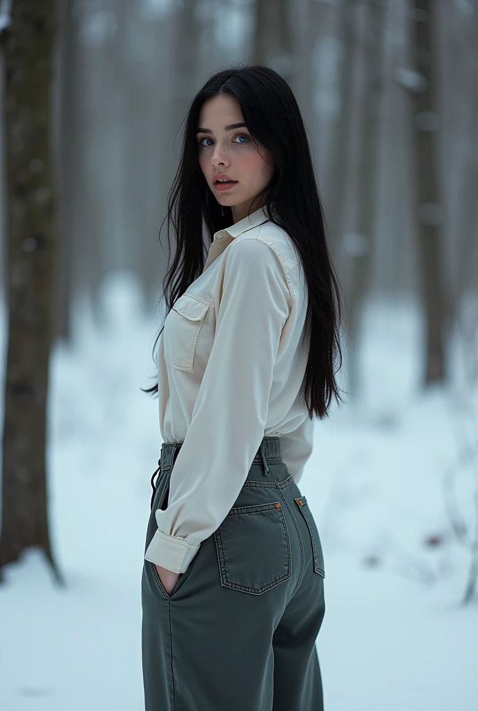 Retrato, alta qualidade, Ukrainian fairy winter snow na floresta through the trees About , olhos azuis, Pele macia, ((melhor qualidade, 8K, obra de arte :1.3)), 1 garota, bela , roupa casual :1.2, na floresta, rosto ultra detalhado, olhos detalhados, pálpebra dupla a beautiful Russian Ukrainian ager with blue eyes , taking a selfie with the face of a young woman with a perfect body and big eyes, seminua, call girl, wide and full lips, thin, upturned nose, with a pretty face like a barbie , normal breasts that are somewhat large and voluminous ,very long and very straight black hair, wearing dark wide-legged pants and a large button-down shirt , , very tender face , blue eyed teen posing very sexy at night in bathroom wearing wide cloth pants ,slickedback hair. a very sexually attractive teenage , posing ukraine beautiful girl cute girl masterpiece beautiful