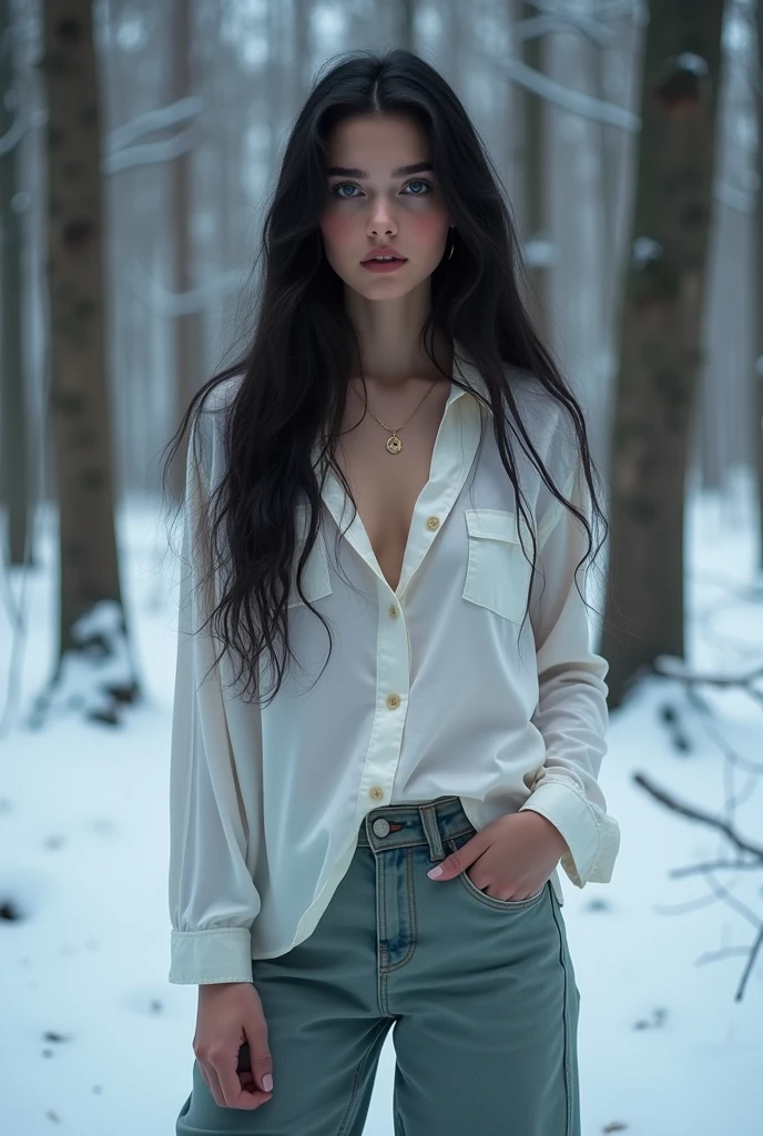 Retrato, alta qualidade, Ukrainian fairy winter snow na floresta through the trees About , olhos azuis, Pele macia, ((melhor qualidade, 8K, obra de arte :1.3)), 1 garota, bela , roupa casual :1.2, na floresta, rosto ultra detalhado, olhos detalhados, pálpebra dupla a beautiful Russian Ukrainian teenager with blue eyes , taking a selfie with the face of a young woman with a perfect body and big eyes, seminua, call girl, wide and full lips, thin, upturned nose, with a pretty face like a barbie , normal breasts that are somewhat large and voluminous ,very long and very straight black hair, wearing dark wide-legged pants and a large button-down shirt , , very tender face , blue eyed teenager posing very sexy at night in bathroom wearing wide cloth pants ,slickedback hair. a very sexually attractive teenage girl, posing ukraine beautiful girl cute girl masterpiece beautiful