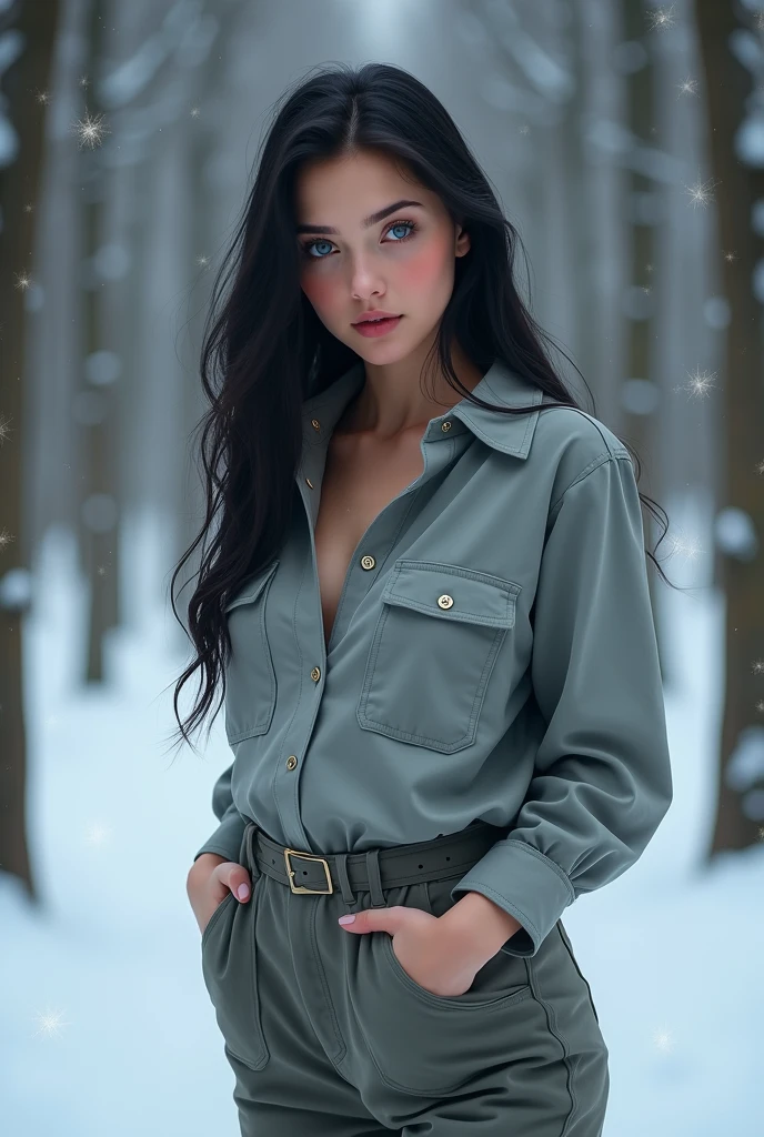 Retrato, alta qualidade, Ukrainian fairy winter snow na floresta through the trees About , olhos azuis, Pele macia, ((melhor qualidade, 8K, obra de arte :1.3)), 1 garota, bela , roupa casual :1.2, na floresta, rosto ultra detalhado, olhos detalhados, pálpebra dupla a beautiful Russian Ukrainian teenager with blue eyes , taking a selfie with the face of a young woman with a perfect body and big eyes, seminua, call girl, wide and full lips, thin, upturned nose, with a pretty face like a barbie , normal breasts that are somewhat large and voluminous ,very long and very straight black hair, wearing dark wide-legged pants and a large button-down shirt , , very tender face , blue eyed teenager posing very sexy at night in bathroom wearing wide cloth pants ,slickedback hair. a very sexually attractive teenage girl, posing ukraine beautiful girl cute girl masterpiece beautiful