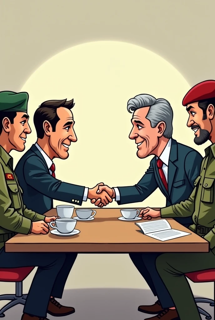 Make a cartoon drawing of Juan Manuel Santos making a deal with the FARC