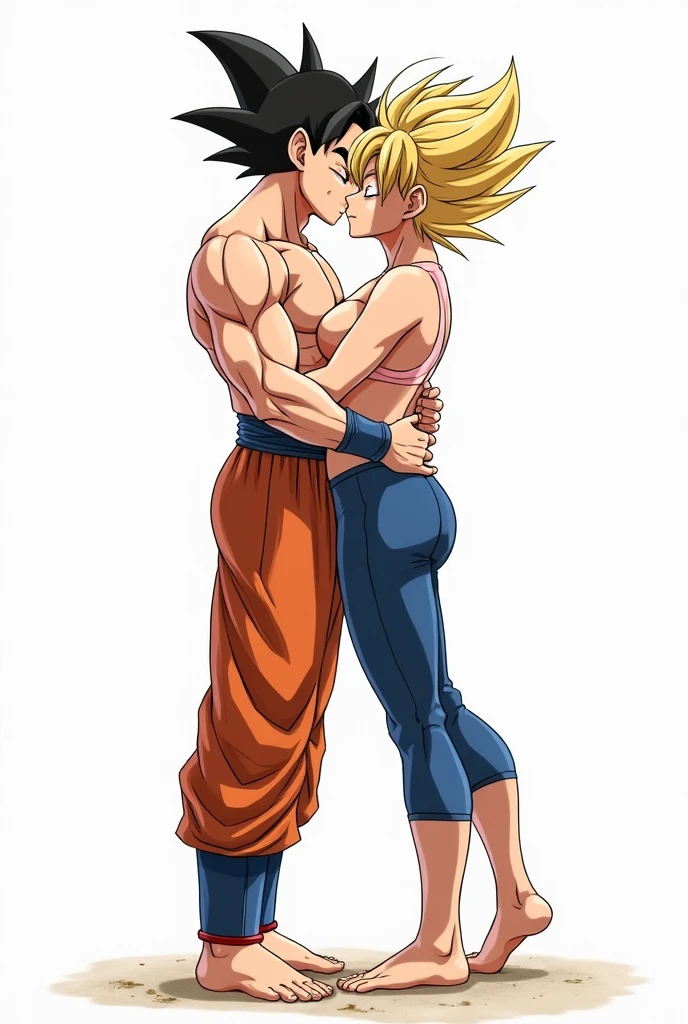 Goku and Vegeta kissing on the mouth (it's two men: both with their eyes closed; delicious kiss; shirtless both of them; with tight, knee-length jeans; barefoot and in the form of a drawing)