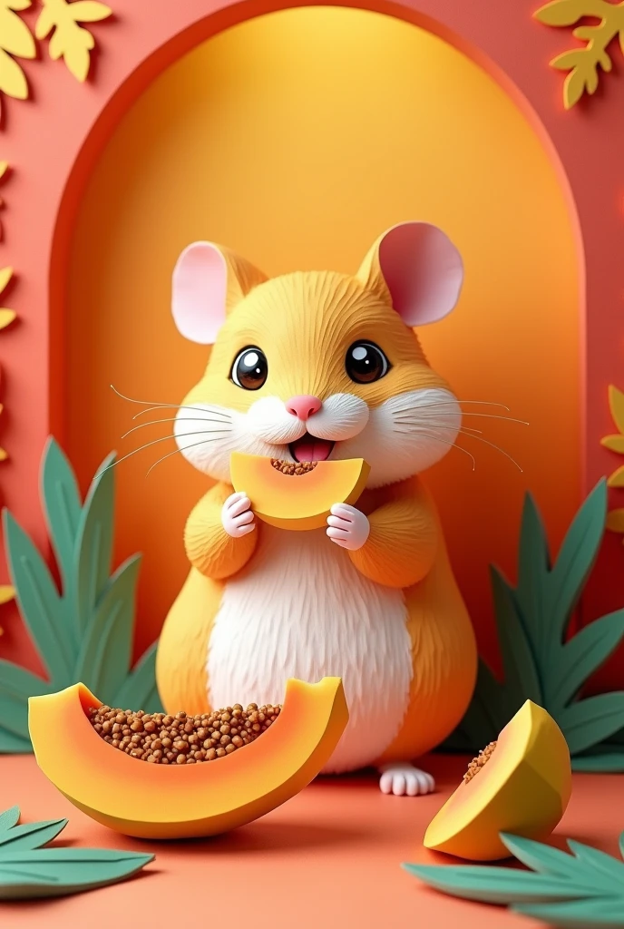 A hamster eating papaya,  masterpiece, all in three dimensional paper art、(Almond Shapes);1.9、(Three-dimensional paper-cut art.、colorful):1.9

