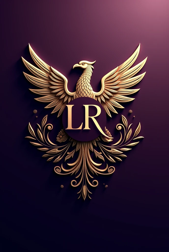 Law firm logo with metallic violet color with gold LR initials ,with phoenix, criminal code, crown and lady of justice 
