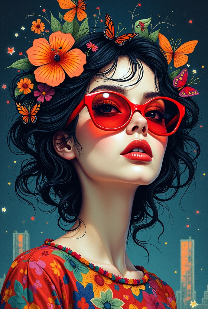 A digital art piece of a woman with a serene expression and mesmerizing gaze. She has bold, vibrant red lips and thick lashes. Her messy hair is adorned with whimsical, colorful, intricately patterned flowers, and butterflies and birds perch among her locks, adding a touch of nature and color. The mysterious figure wears an eye-catching abstract top and oversized, vibrant red sunglasses, exuding casual elegance. Her hair cascades down in electrifying colors, casting a dark silhouette against the fantastical urban landscape filled with whimsical elements. The artistic work masterfully blends the iconic vibrant style of Andy Warhol, watercolor and ink illustration by Ashley Wood, Charles Demuth, and Jeremiah Ketner. The intricate details.