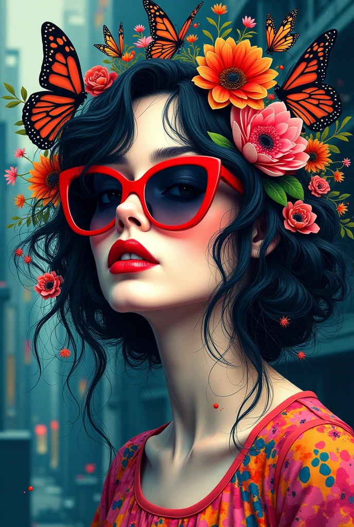A digital art piece of a woman with a serene expression and mesmerizing gaze. She has bold, vibrant red lips and thick lashes. Her messy hair is adorned with whimsical, colorful, intricately patterned flowers, and butterflies and birds perch among her locks, adding a touch of nature and color. The mysterious figure wears an eye-catching abstract top and oversized, vibrant red sunglasses, exuding casual elegance. Her hair cascades down in electrifying colors, casting a dark silhouette against the fantastical urban landscape filled with whimsical elements. The artistic work masterfully blends the iconic vibrant style of Andy Warhol, watercolor and ink illustration by Ashley Wood, Charles Demuth, and Jeremiah Ketner. The intricate details.