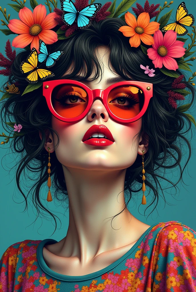A digital art piece of a woman with a serene expression and mesmerizing gaze. She has bold, vibrant red lips and thick lashes. Her messy hair is adorned with whimsical, colorful, intricately patterned flowers, and butterflies and birds perch among her locks, adding a touch of nature and color. The mysterious figure wears an eye-catching abstract top and oversized, vibrant red sunglasses, exuding casual elegance. Her hair cascades down in electrifying colors, casting a dark silhouette against the fantastical urban landscape filled with whimsical elements. The artistic work masterfully blends the iconic vibrant style of Andy Warhol, watercolor and ink illustration by Ashley Wood, Charles Demuth, and Jeremiah Ketner. The intricate details.