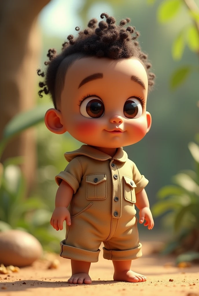 8 month old baby dressed as a Safari with a hat curly hair on top and shaved on the sides black eyes round dark and full mouth Pixar 3d