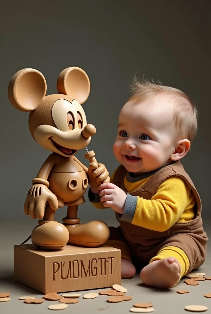 Un vrai Bebe surdouée crée une magnifique sculpture de Mickey, Wooden, with his baby chainsaw. The baby is proud. humorous caricature. Ecrire en francais sous mickey : " Gifted artist "