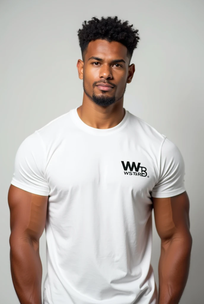 Je veux la photo d'un jeune homme musclé en t-shirt blanc avec la marque wstars 
Position de la marque wstars du côté droit du t-shirt 
Le w de wstars reste un peu détaché du reste
Mettez du style sur le w  
