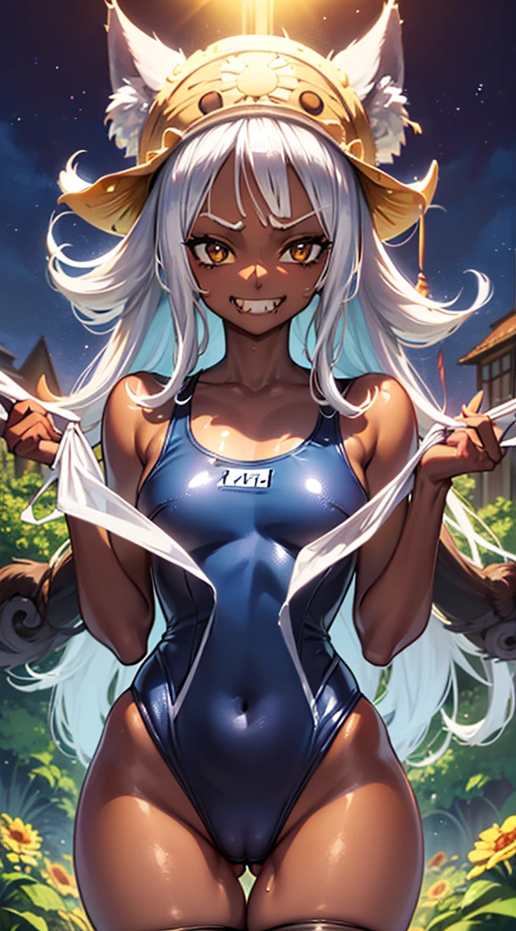 (dark skin,Silver Hair,Fox Girl),(Perfectly detailed face),(Young) , (((High leg))),(((One piece swimsuit))),((Bite)),((stockings)),cameltoe,garden,noon,sweaty,Smirk,High resolution, masterpiece, Highest quality, High resolution, Cowboy Shot