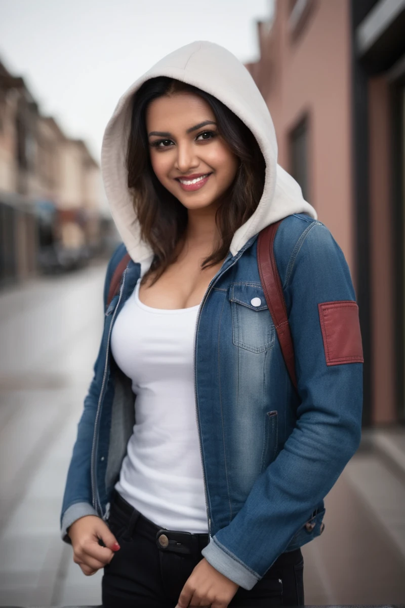 Cute Indian woman in a white shirt and a denim jacket with hoodie, wearing casual clothing, looking straight at the camera , standing straight front angle, Bob cut black hair, casually dressed, wearing casual clothes, casual pose, black haired beauty, cute smile, 36B cup breasts, casual clothing, cute young woman, red and black attire, attractive girl, looking straight at the camera.