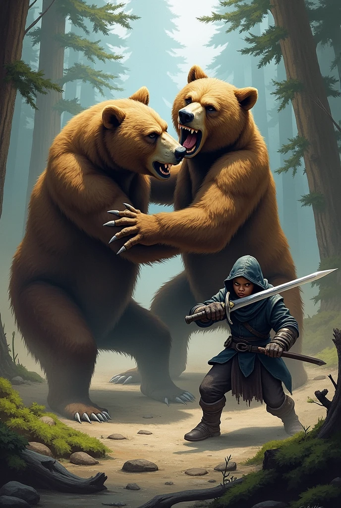 There are two grizzly bears fighting by biting and swinging claws. While they are distracted and locked in combat, a goblin rogue holding two swords in his hand runs behind and jumps on the back of one of the bears