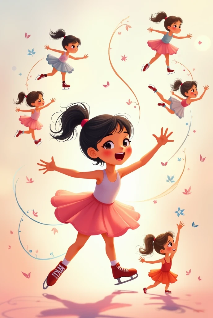 generame una ilustracion animada de niña skating, then dancing ballet, then singing, skating, swimming, painting, coloring, Dancing salsa, dancing urban dance in a growth range of 5 to 18 years to show their process illustrated in pastel tones
