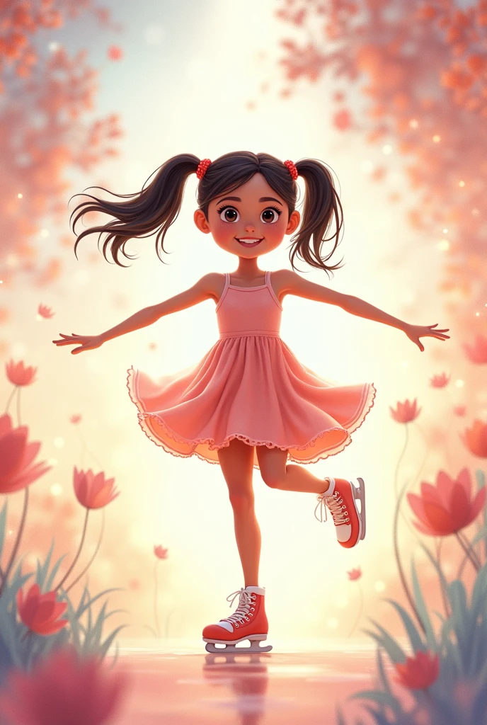 generame una ilustracion animada de niña skating, then dancing ballet, then singing, skating, swimming, painting, coloring, Dancing salsa, dancing urban dance in a growth range of 5 to 18 years to show their process illustrated in pastel tones