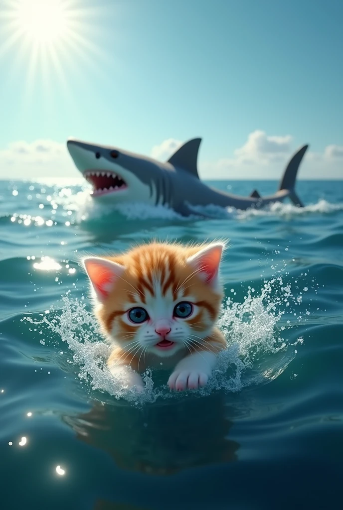 a kitten fall in the sea  and a shark is coming to eat them