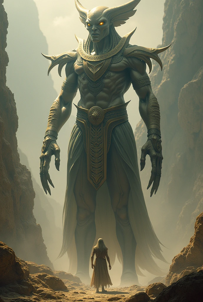 Annunaki who is twice as tall as a human in front of a human