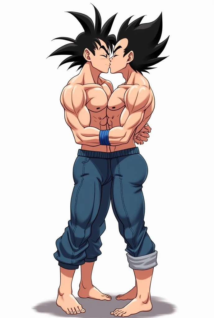 Goku and Vegeta kissing on the mouth (it's two men: both with their eyes closed; delicious kiss; shirtless both of them; with tight, knee-length jeans; barefoot and in the form of a drawing)