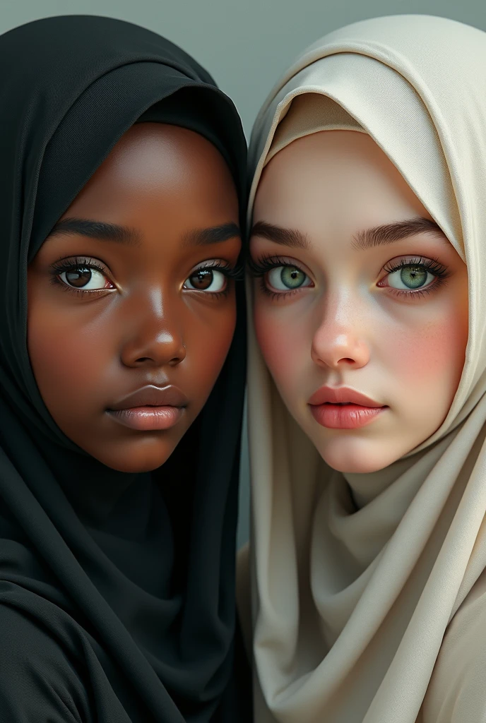 (Photo-realism), (Best quality, masterpiece, full of details), black girl and white girl, both in hijab , white girl with green eyes, black girl with one eye green and one eye brown