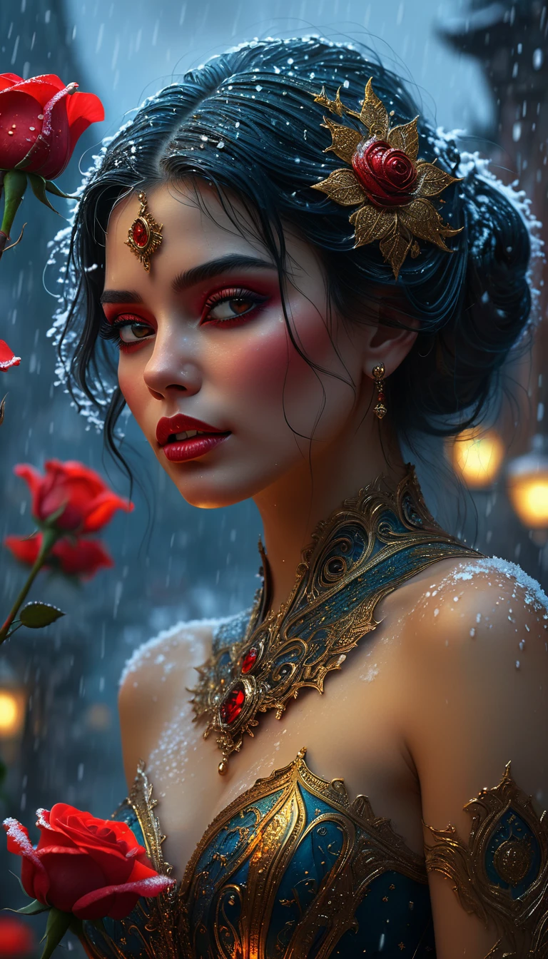 beautiful body, octane render, cinematic, ultra-high-detail, cinematic, 32k, process colors, winter, snowfall, luminous, detailed oil painting by Dorian Vallejo, Damian Lehoshest, Todd Lockwood, cgsociety, storybook illustration, scary scary face, highly detailed skin, intricately ornate, filigree detailed glowing unusual gentle fog, drops of color, very large moon, moonlight, stars, night. detailed sky with clouds, highly detailed, intricate, intricate pose, oil painting, thick strokes, masterpiece, high quality, Van Gogh starry sky, centered, perfect composition, Red rose, velvet red petals, water drops on petals, carved petals, luminous flower, light good fairy, spectacular lighting, glitter, sun rays. smoke, glitter, stained glass, sci-fi, complex art masterpiece, sinister, matte film poster, golden ratio, trending on cgsociety, complex, epic, trending on artstation, by artgerm, H. R. Giger and Beksinsky, highly detailed, vivid, cinematic character drawing, super high quality model