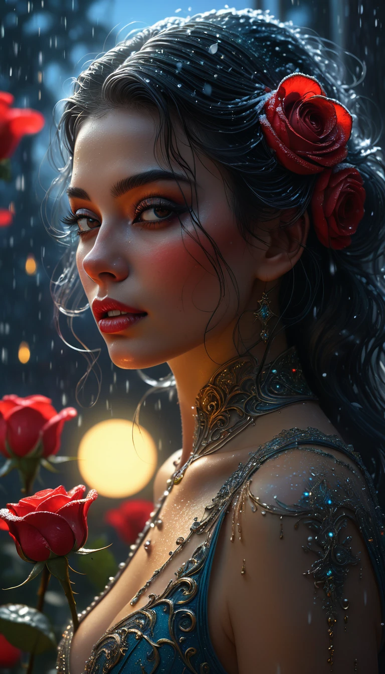 beautiful body, octane render, cinematic, ultra-high-detail, cinematic, 32k, process colors, winter, snowfall, luminous, detailed oil painting by Dorian Vallejo, Damian Lehoshest, Todd Lockwood, cgsociety, storybook illustration, scary scary face, highly detailed skin, intricately ornate, filigree detailed glowing unusual gentle fog, drops of color, very large moon, moonlight, stars, night. detailed sky with clouds, highly detailed, intricate, intricate pose, oil painting, thick strokes, masterpiece, high quality, Van Gogh starry sky, centered, perfect composition, Red rose, velvet red petals, water drops on petals, carved petals, luminous flower, light good fairy, spectacular lighting, glitter, sun rays. smoke, glitter, stained glass, sci-fi, complex art masterpiece, sinister, matte film poster, golden ratio, trending on cgsociety, complex, epic, trending on artstation, by artgerm, H. R. Giger and Beksinsky, highly detailed, vivid, cinematic character drawing, super high quality model