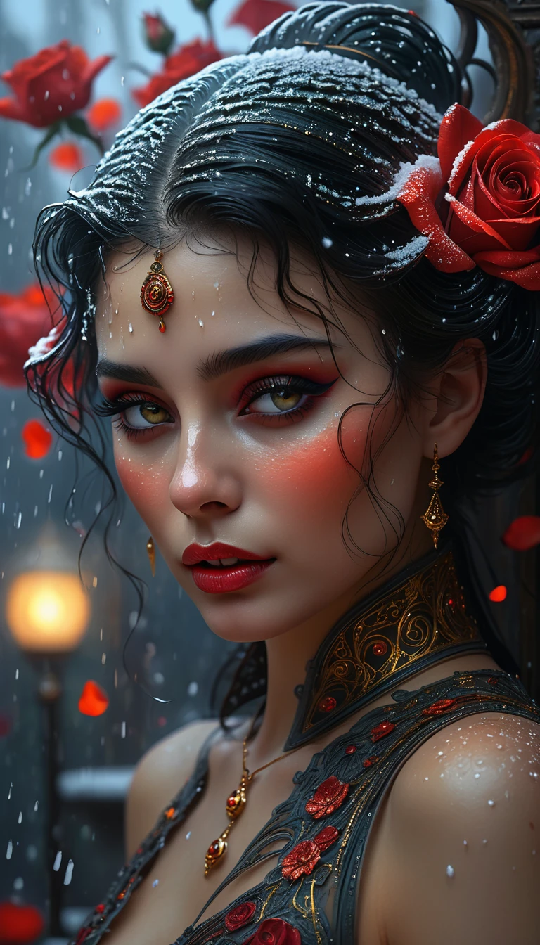 beautiful body, octane render, cinematic, ultra-high-detail, cinematic, 32k, process colors, winter, snowfall, luminous, detailed oil painting by Dorian Vallejo, Damian Lehoshest, Todd Lockwood, cgsociety, storybook illustration, scary scary face, highly detailed skin, intricately ornate, filigree detailed glowing unusual gentle fog, drops of color, very large moon, moonlight, stars, night. detailed sky with clouds, highly detailed, intricate, intricate pose, oil painting, thick strokes, masterpiece, high quality, Van Gogh starry sky, centered, perfect composition, Red rose, velvet red petals, water drops on petals, carved petals, luminous flower, light good fairy, spectacular lighting, glitter, sun rays. smoke, glitter, stained glass, sci-fi, complex art masterpiece, sinister, matte film poster, golden ratio, trending on cgsociety, complex, epic, trending on artstation, by artgerm, H. R. Giger and Beksinsky, highly detailed, vivid, cinematic character drawing, super high quality model