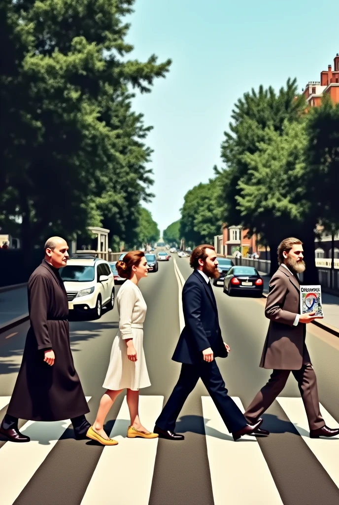
A drawing showing Gregor Mendel, Marie Curie, Charles Darwin and Rosalind Franklin crossing a pedestrian crossing on a street, similar to the famous album cover "Abbey Road" of the Beatles. Mendel, wearing a monk&#39;s habit, holds peas in one hand. Marie Curie, in a simple dress, carries a vial glowing faintly to symbolize his research into radioactivity. Charles Darwin, with a thick beard and Victorian attire, holds a book with "Origin of species" Na capa. Rosalind Franklin, in formal laboratory clothes, holds an image of DNA. The background should be a quiet street with trees, evoking a scientific and classical atmosphere.

