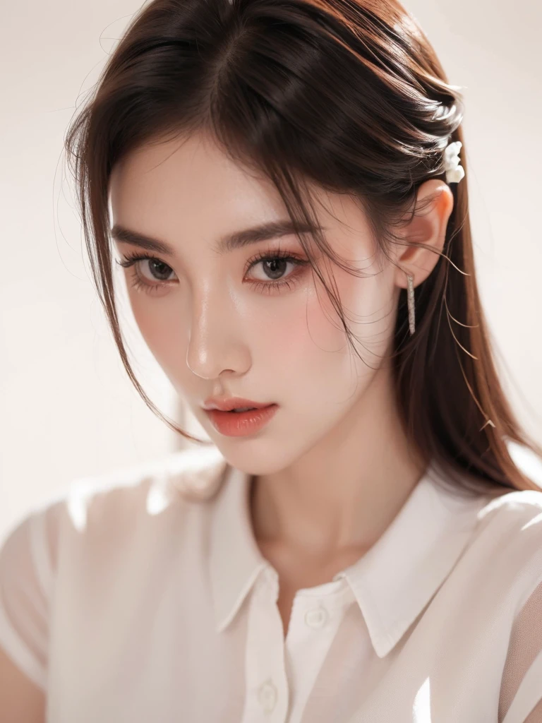 1 young woman, solo, natural expression, realistic face details, slim athletic build, wearing white button-down shirt, casual pose, proportional body, high resolution, photorealistic, plain white background, standing, natural hairstyle