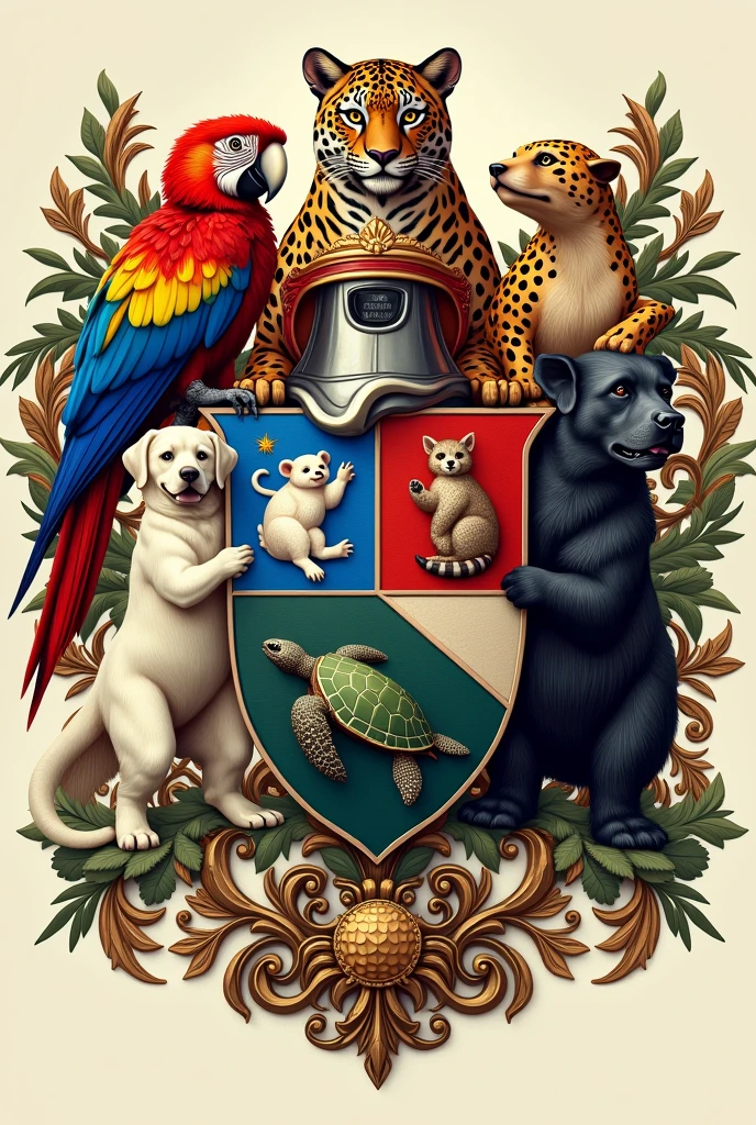 A coat of arms divided into seven equal parts and engraved on each part: a macaw, a Jaguar, um guaxinim, A white labrador, a black labrador, a sea turtle and a brown bear