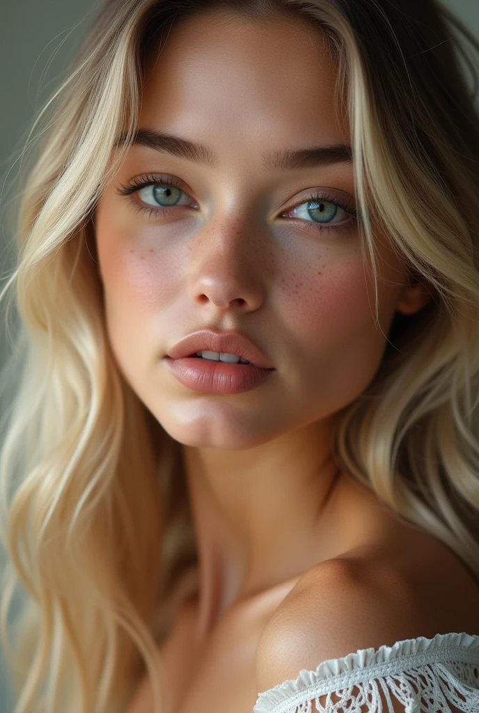 femme sexy, cheveux blonds, de face a la photo, 8k , super qualité , visage de face ,réaliste , réel , visage de face tache de rousseur , réaliste , vrai personne