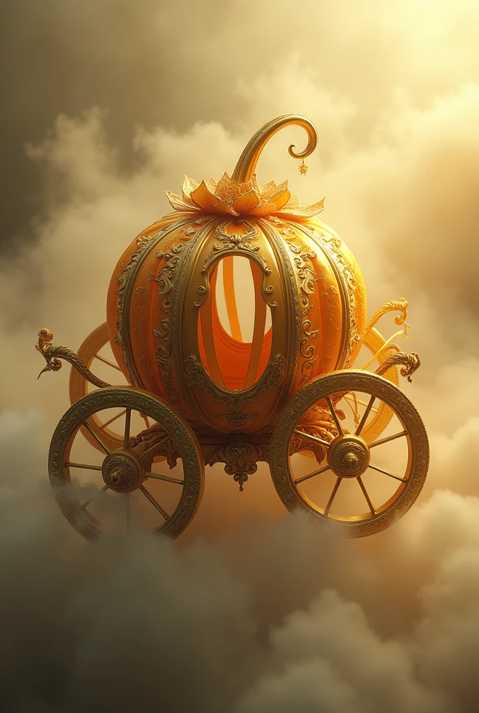 Golden and detailed pumpkin carriage in dreamy fog