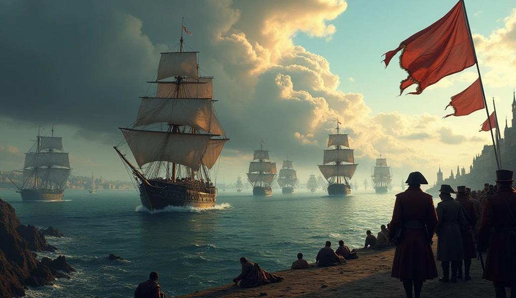 A vivid illustration of an English fleet executing a naval blockade on a French port. The scene is set under a brooding sky, where dark clouds gather ominously, reflecting the tension of the moment. Warships, robust and menacing, are strategically positioned in a tight formation, their sails taut against the wind as they loom over the calm but treacherous waters near the coast. The English flags flutter defiantly from the masts, symbolizing dominance and control. In the foreground, French merchant ships lie helpless, some anchored and others wrecked, their cargo spilling into the sea. The port, once bustling with activity, now lies eerily quiet, with English banners waving triumphantly from the walls and towers. The distant shoreline is dotted with anxious onlookers, their faces etched with fear and uncertainty. The atmosphere is cinematic and foreboding, with shadows and light carefully orchestrated to heighten the sense of looming conflict, all rendered in the detailed, evocative sty, Surrealism, Hyperrealism, UHD, retina, masterpiece, accurate, anatomically correct, textured skin, super detail, best quality, 16k