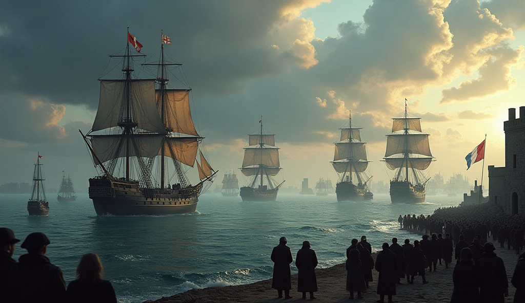 A vivid illustration of an English fleet executing a naval blockade on a French port. The scene is set under a brooding sky, where dark clouds gather ominously, reflecting the tension of the moment. Warships, robust and menacing, are strategically positioned in a tight formation, their sails taut against the wind as they loom over the calm but treacherous waters near the coast. The English flags flutter defiantly from the masts, symbolizing dominance and control. In the foreground, French merchant ships lie helpless, some anchored and others wrecked, their cargo spilling into the sea. The port, once bustling with activity, now lies eerily quiet, with English banners waving triumphantly from the walls and towers. The distant shoreline is dotted with anxious onlookers, their faces etched with fear and uncertainty. The atmosphere is cinematic and foreboding, with shadows and light carefully orchestrated to heighten the sense of looming conflict, all rendered in the detailed, evocative sty, Surrealism, Hyperrealism, UHD, retina, masterpiece, accurate, anatomically correct, textured skin, super detail, best quality, 16k