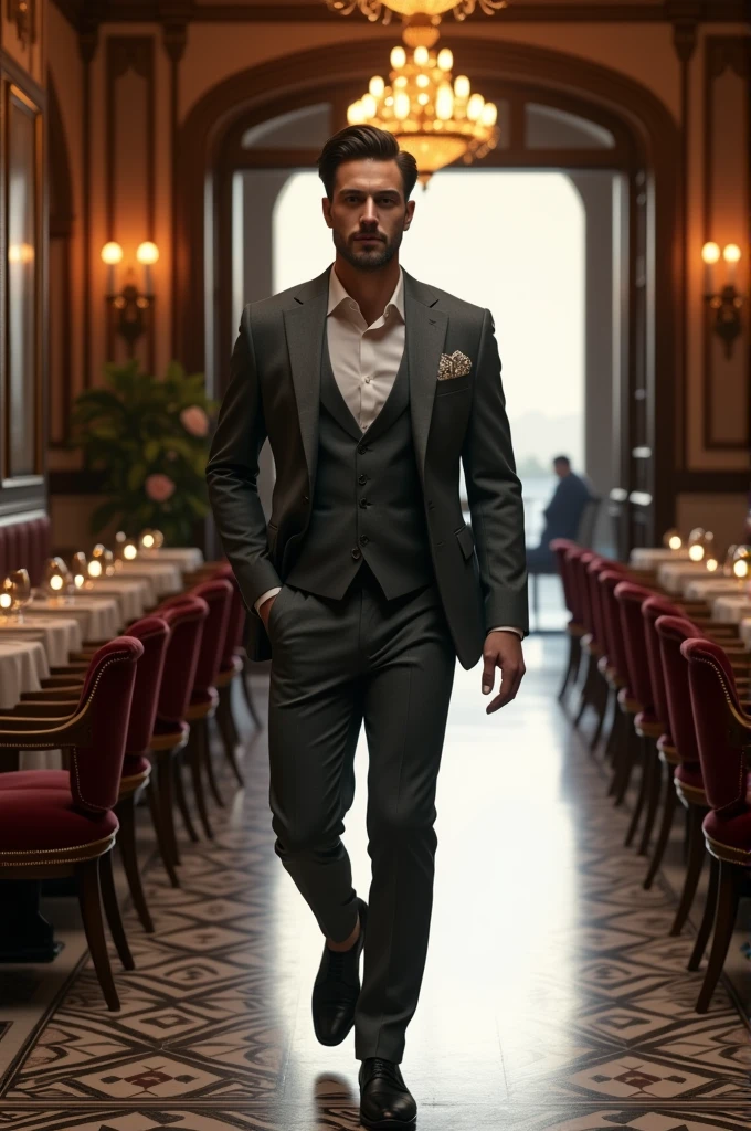Homme brun sexy en costumes qui rentre dans un restaurant de luxe à Venise pour le dîner avec la famille