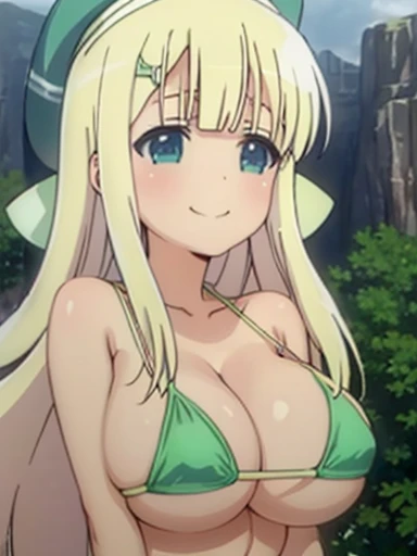 masterpiece, Highest quality, yomi (Senran Kagura), One girl, blonde, Green Eyes, Browsing Caution, blush, smile, ((Micro Bikini)), ((食い込むMicro Bikini)), (Underboob), (View your audience), (Big Breasts), (Face Focus), Outdoor,
