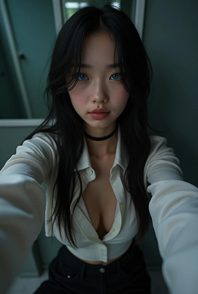 , a beautiful Russian Ukrainian ager with very blue eyes , wearing choker, (thin neck), voluminous breasts, rounded face , 1 with disability to look like , dressed in Japanese sexual fantasy, arms cuffed in front, delicate handcuffs, innocent and sexual look, taking a selfie with the face of a young woman with a perfect body and big eyes, seminua, call girl, wide and full lips, thin, upturned nose, with a pretty face like a barbie , normal breasts that are somewhat large and voluminous ,very long and very straight black hair, wearing dark wide-legged pants and a large button-down shirt , , very tender face , blue eyed teen posing very sexy at night in bathroom wearing wide cloth pants ,slickedback hair. a very sexually attractive teenage , posing ukraine beautiful girl cute girl masterpiece beautiful