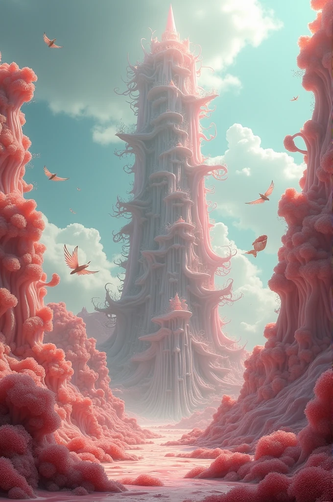 A realisitic image of tanjoreAI a building tendrils skyscraper in (fleshland landscape) , high detail, high quality, soft light,heaven,engel,fantasy,white