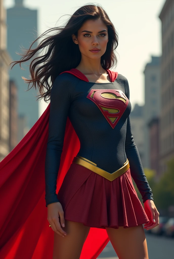 Supergirl, hero, black hair, open deep cleavage cape red long, skirt red, boot red , hero suit texture, light((masterpiece)), ((best quality)), (ultra-detailed), absurdres, extremely detailed CG unity 8k wallpaper,Accurate describe shapes, (realistic), beautiful face, detailed hands, expressive eyes, upper body big breast ((close-up)), solo, city, scenery, dramatic light, (standing, superhero) , ((masterpiece)), absurdres, HDR, building,