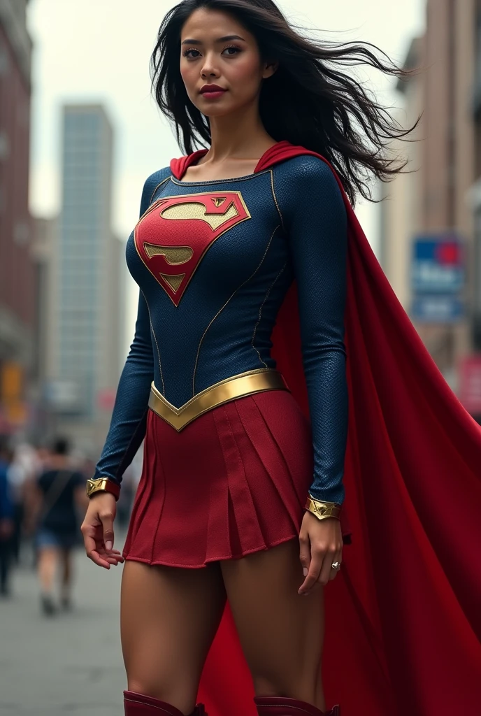 Supergirl, hero, black hair, open deep cleavage cape red long, skirt red, boot red , hero suit texture, light((masterpiece)), ((best quality)), (ultra-detailed), absurdres, extremely detailed CG unity 8k wallpaper,Accurate describe shapes, (realistic), beautiful face, detailed hands, expressive eyes, upper body big breast ((close-up)), solo, city, scenery, dramatic light, (standing, superhero) , ((masterpiece)), absurdres, HDR, building,
