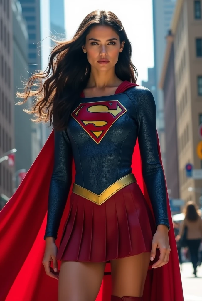 Supergirl, hero, black hair, open deep cleavage cape red long, skirt red, boot red , hero suit texture, light((masterpiece)), ((best quality)), (ultra-detailed), absurdres, extremely detailed CG unity 8k wallpaper,Accurate describe shapes, (realistic), beautiful face, detailed hands, expressive eyes, upper body big breast ((close-up)), solo, city, scenery, dramatic light, (standing, superhero) , ((masterpiece)), absurdres, HDR, building,