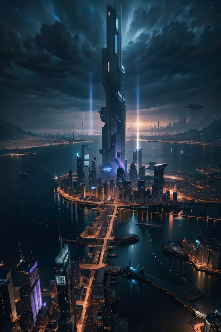 Night view seen from an airplane,future city:1.3,port,flying spaceship,skyscraper,master piece,highest quality,ultra high resolution,Super detailed,8K,photorealistic,best aesthetic,beautiful