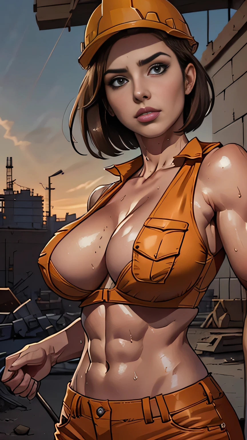 photo of mlp Meowko, RAW, beautiful woman, ((portrait)), ((detailed face:1.2)), ((anime face, anime facial feature, clear skin, glossy anime lips, clear skin), (short lesbian haircut, brunette: 1.55), (under boob: 1.6), (perfect proportioned body, Strong, muscular, narrow waist, narrow hips, skinny, large breasts), (she is wearing a reflective orange work vest, yellow hard hat, Cleavage), she is sweating, arched back, she is in a construction site, Heavy equipment, steel beams, (realistic photo, best quality, detailed), (8k wallpaper), (cinematic lighting, beautiful light, (noon:1.3)) (sharp focus, intricate)